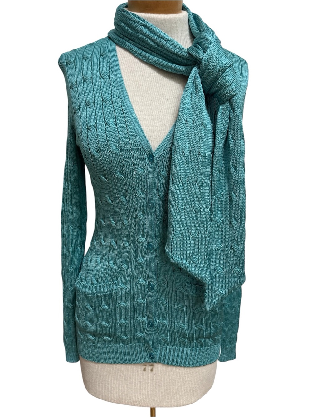 Ralph Lauren Black Label Silk Cable Knit Cardigan Women Small Detachable Scarf